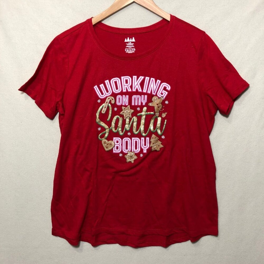 Womens L Christmas Santa Body T-Shirt Red Short Sleeve Graphic Holiday Tee